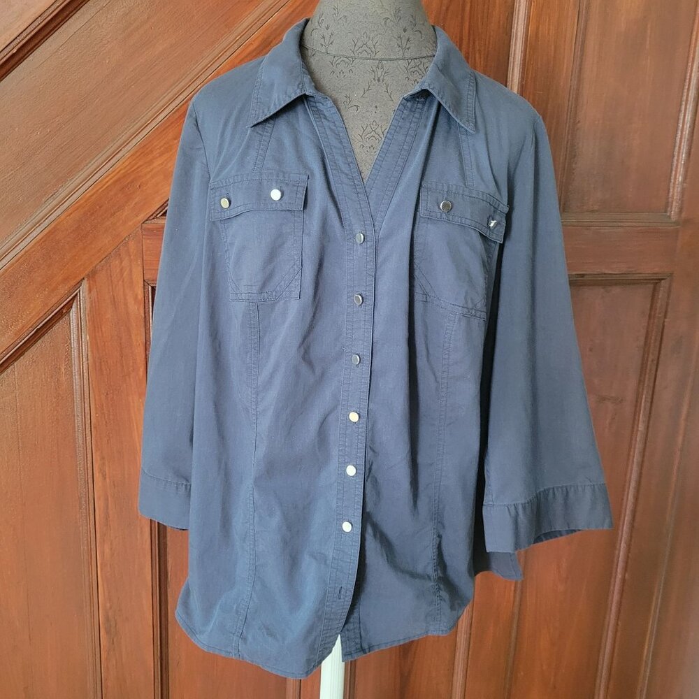 CJ Banks Womens Navy Button-Down Shirt With Snap Pockets & 3/4 Sleeves Size
